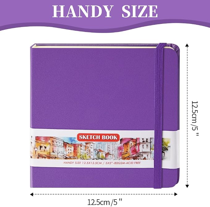 5x5" Pocket Sketch Book,80gsm Hardcover Art Sketchbook for Drawing Journal | PU Cover,Blank Paper,96Sheets/192Pages,Lay-Flat,Portable Travel Creation Paint Diary Memo Planner,Dry Media.Purple