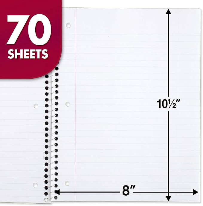 Mead Spiral Notebook, 12 Pack, 1 Subject, Wide Ruled Paper, 7-1/2" x 10-1/2", 70 Sheets per Notebook, Colors Will Vary (930202-ECM25)