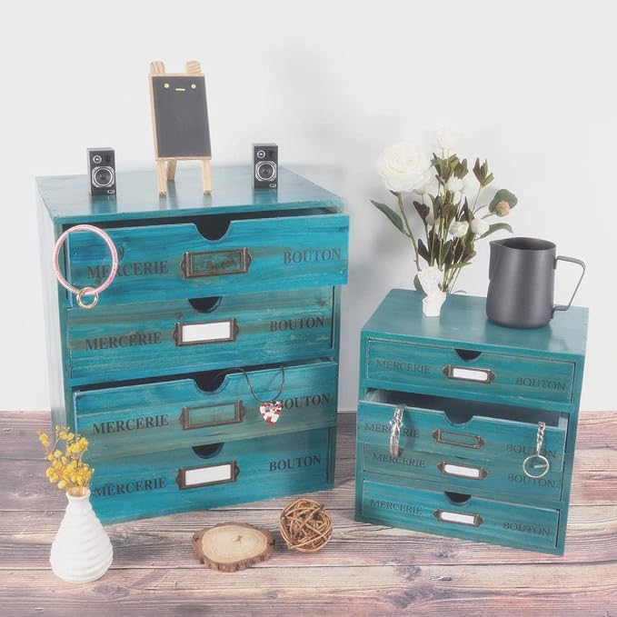 Small Wooden Drawers Wooden Box with Drawer Blue | 4 Drawer Storage Box for Apothecary Cabinet, Apothecary Drawers，Desktop Organizer with Metal Handles for Office，Home