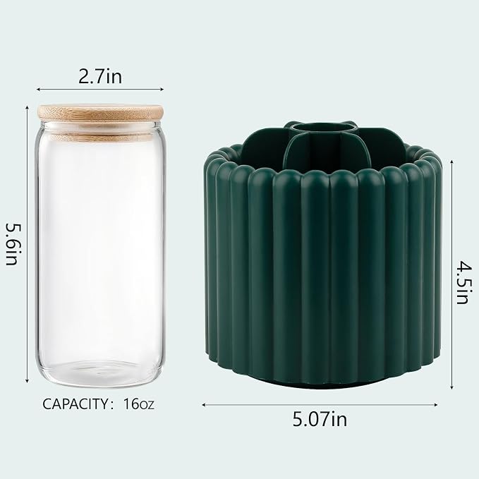 Rotating Makeup Brush Holder Organizer with Removable Dividers, Teal Green | 7 Slots Make Up Brush Organizer 360 Spinning Cosmetic Storage Pen Holder for Desk, Vanity, Dresser