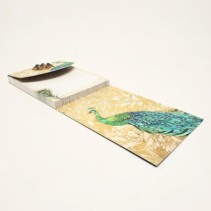 Punch Studio Flip-Top Notepad For Daily Notes or Notes on-the-go, with Magnetic Closure, Brooch Embellishment, Gold-Foil Accents & 75 Illustrated Sheets, 5" x 3.75" - Emerald Peacock (44667)