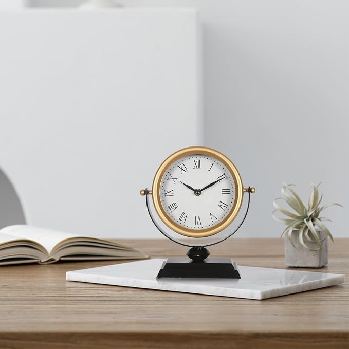 Vintage Analog Table Clock Battery Operated Silent Gold | Vintage Decor, Living Room Bedroom Office Shelf, Farmhouse Mantel Fireplace, Non-Ticking Silent, Small, Gold Desk Retro Style