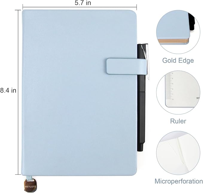 Hardcover Leather Journal Notebook A5 Lined 212 Pages 5x8.25 Inches Gold Edged Pages with Strap Closure Travel Work School Writing Journaling Notebooks for Women Men Gift Box Packaging Light Blue