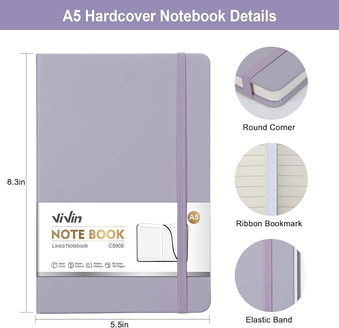 ViVin Lined Journal Notebooks,3 Pack,192 Pages,Medium 5.5 x 8.3 inch,College Ruled,A5 Hardcover Notebooks,Journaling Notebooks for Professional Office Work,Writing, School