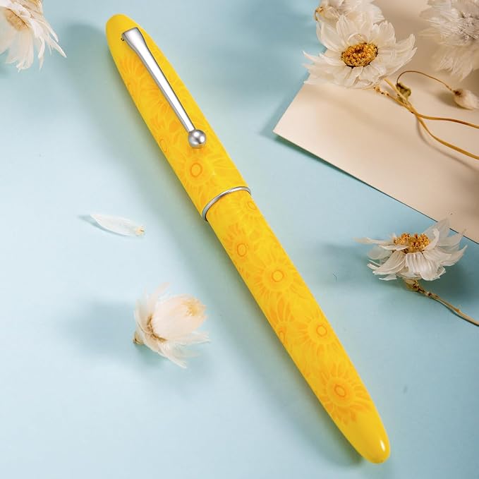 HONG DIAN C3 Fountain Pen, Iridium Extra Fine Soft Nib Chinese Knot Carving, Bright Yellow & Sunflower Painting Design with Metal Box Set