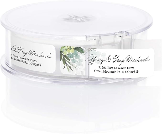 Floral Greenery Rolled Address Labels/Roll of 250 Personalized Address Labels/Designer Return Address Stickers in Elegant Plastic Dispenser