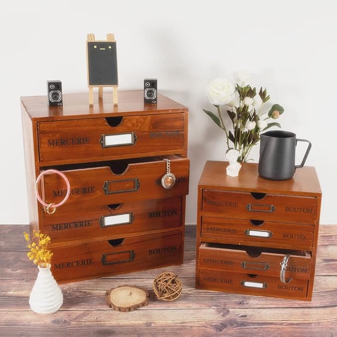 Large Wooden Drawers Wooden Box with Drawer Brown | 4 Drawer Storage Box for Apothecary Cabinet, Apothecary Drawers，Desktop Organizer with Metal Handles for Office，Home