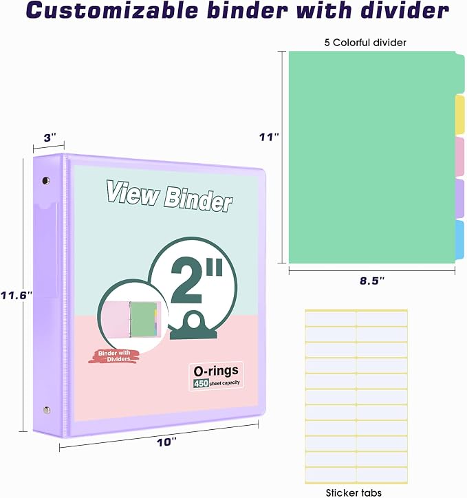 3 Ring Binder 2 inch，Cute Binder Organizer with 5 Tab Dividers Fits 175 Sheets of 8.5x11 Paper, Customizable Clear Cover with Inside Pockets, Aesthetic 2" Three Ring Binders for School Office，Purple