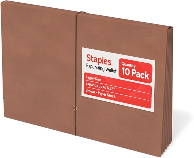 Staples Expanding Wallet, Legal Size, Brown Redrope Accordion File with Elastic Closure, Holds Oversized Documents – 10/Pack