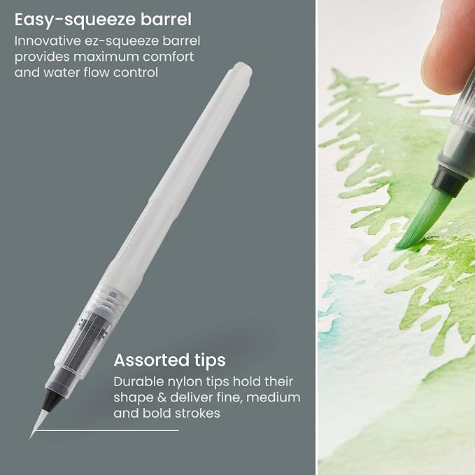ARTEZA Water Brush Pens, Set of 6, Refillable Self-Moistening Watercolor Brush Pens with Round and Flat Nylon Tips for Painting, Calligraphy, Lettering and Travel