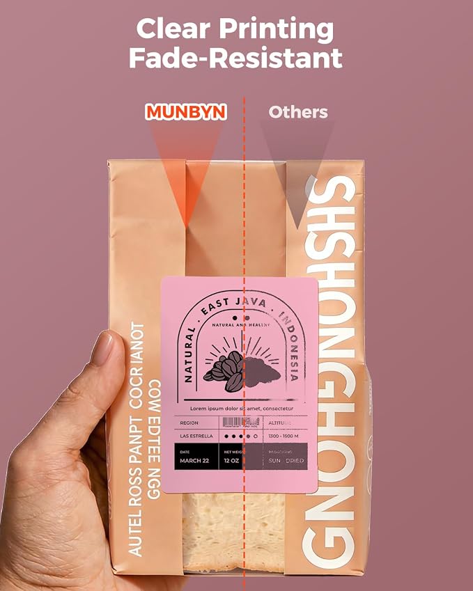 MUNBYN 4x3 Thermal Labels, 500 Sheets/1 Roll, Pink | Strong Adhesive & Perforated, Non BPA&BPS for Small Business, Shipping, Bakery, Clothing