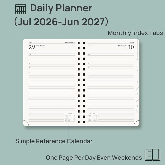 POPRUN 2026-2027 Daily Planner One Page Per Day, 5.75" x 8.5", Academic Daily Calendar Book with July 2026 to June 2027, Hardcover Appointment Book with Hourly Time Slots, Spiral Bound, Monthly Tabs - Light Pink