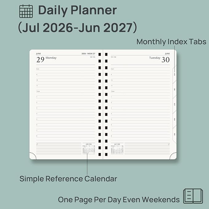 POPRUN 2026-2027 Daily Planner One Page Per Day, 5.75" x 8.5", Academic Daily Calendar Book with July 2026 to June 2027, Hardcover Appointment Book with Hourly Time Slots, Spiral Bound, Monthly Tabs - Black
