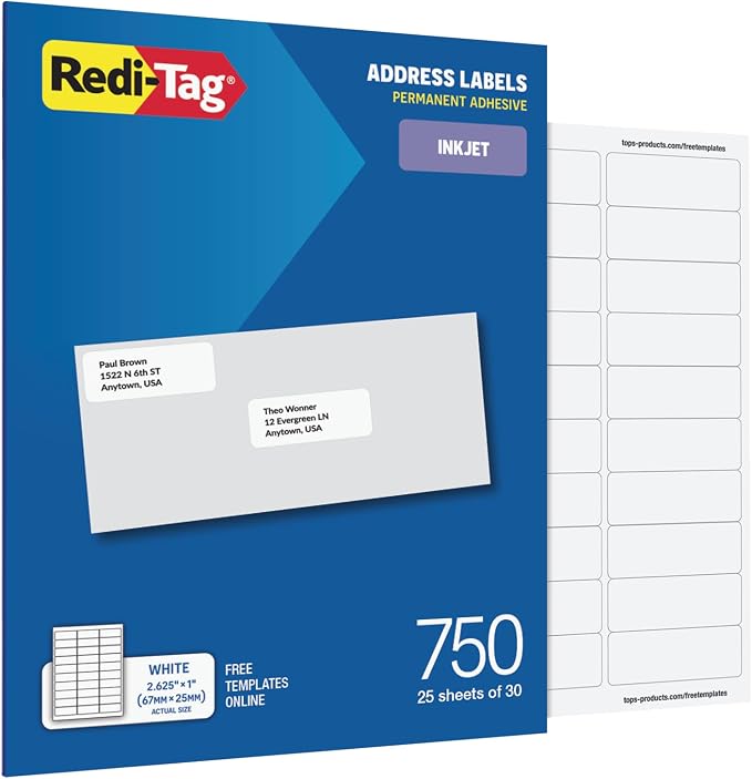 Redi-Tag Address Labels, 750 Blank (25 Sheets of 30), 1" x 2.625", for Inkjet Printers Only, Free Online Templates (1009571)
