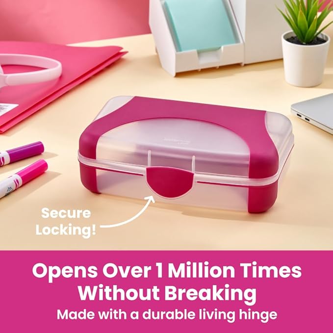 LockerMate by Bostitch Hard Pencil Case, Durable Plastic Pencil Box, Kid-Friendly Design, Fuchsia & Clear