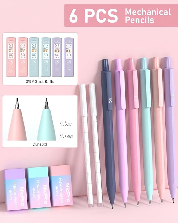Nicpro School Supplies with Pen Case Pink, 52 PCS Stationery Set for Girls | Large Capacity Pencil Case with 12 Highlighters, 8 Pens, 10 Mechanical Pencil, 6 Multicolor Pen for back to school Essentials
