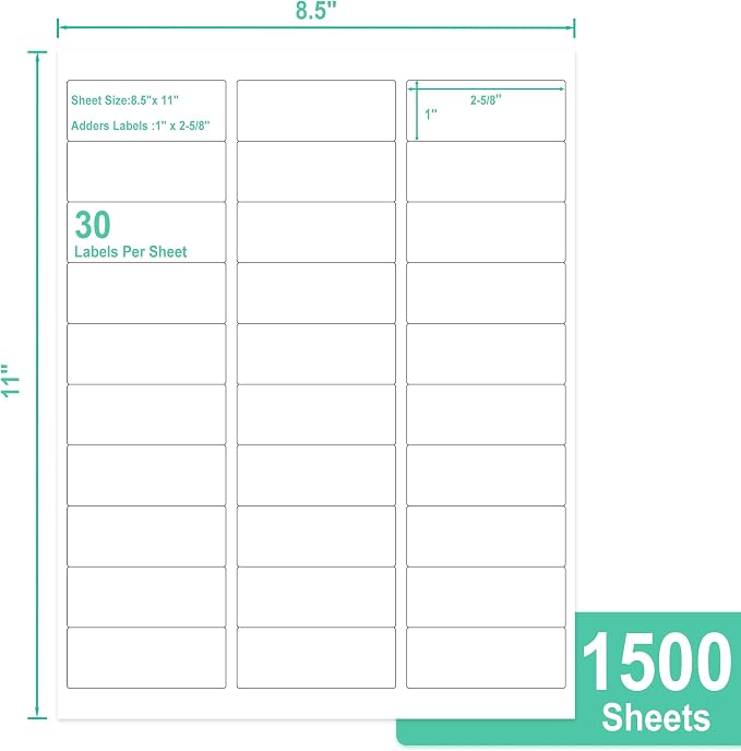 L LIKED Printable Address Labels, 1" x 2-5/8", 45,000 Labels, 30 per Sheet, Mailing Labels for Envelopes, Inkjet/Laser Printer Compatible (1500 Sheets)