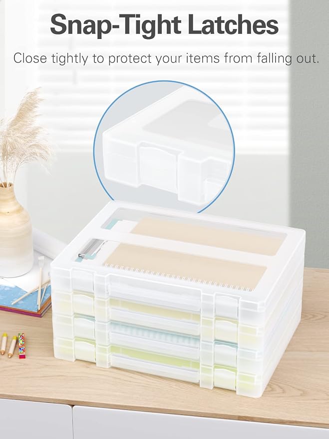 Denkee Large Paper Storage Box, 4 Pack Plastic Scrapbook Paper Storage Organizer with Handle for A4, 8.5 x 11 US Letter, Portable File Document Case, Board Game Storage