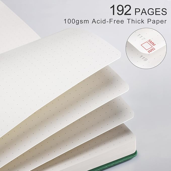 Dotted Journal Notebook for Women Men, 192 Pages, A5 (5.7'' x 8.3'') | Hardcover Leather Notebook with 100GSM Thick Paper for Traveling, Journaling, Planning, Tracking (Dark Green)