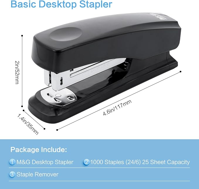 M&G Desktop Stapler with 25 Sheet Capacity, Two Binding Modes, Basic Stapler Set with 1000 Staples and Remover, Durable Staplers for Office Home (Black)