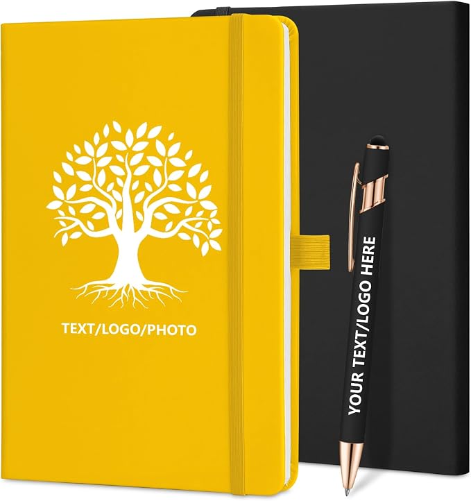 ENOMY Personalized Notebook 10 PC Pens Custom Notebook with Pen Holder Personalized Journal Strap Design for Men Women Ideal Gift, Yellow