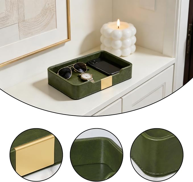 Green Luxury Leather Jewelry Tray - Stylish Desk Accessories & Nightstand Organizer for Holding Jewelry, Watch, Keys, Phone & Wallet (Entryway/Desktop Decor)