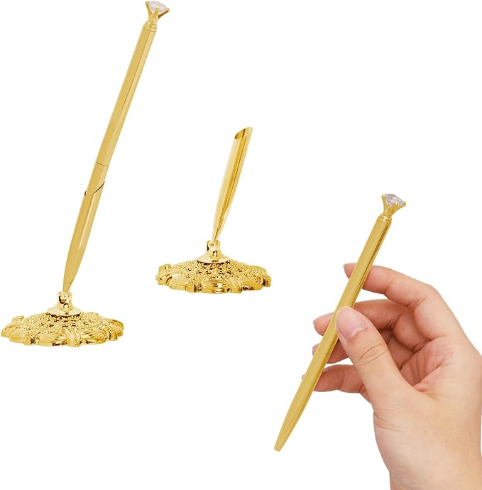 2 Pcs Gold Hollow Round Pen Holder with Diamond Metal Pen Stand Holder Set Signing Pen Set Signing Desk Ballpoint Pens for Guest Book Wedding Birthday Graduation Teacher Office Business