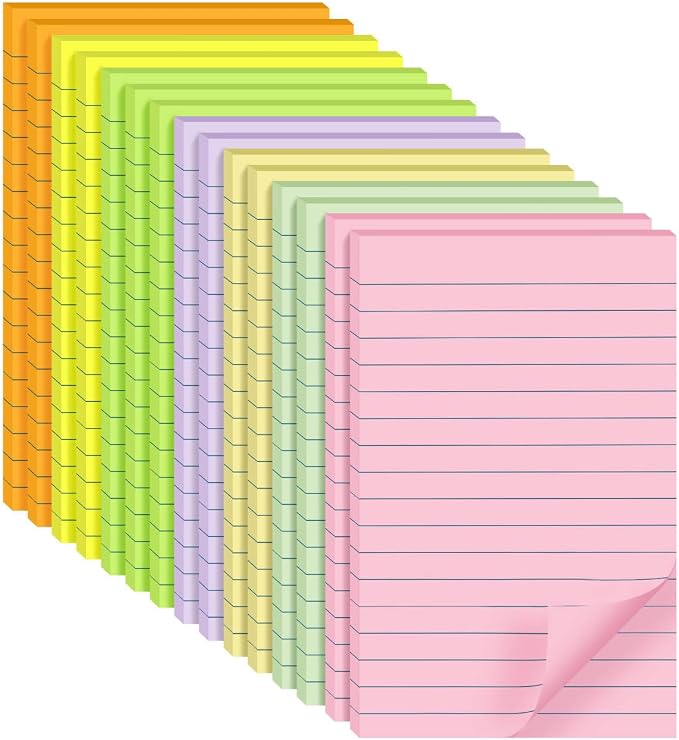 Lined Sticky Notes 4 x 6 Inches, 15 Pads, 375 Sheets, 7 Soft Pastel Colors, Self-Stick Note Pads, Large Rectangular Sticky Notes with Lines, Super Adhesive for Office, School, Home & Planner