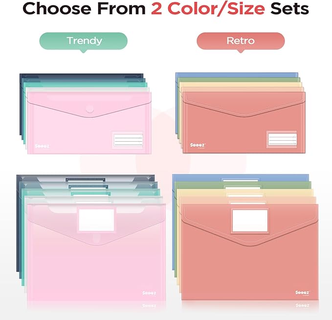 Sooez 20 Pack Plastic Envelopes, Plastic File Folder, Folders for Documents | Retro Colors, Super Heavyweight Document Holder, Storage Pouches, File Envelopes for School Office Supplies