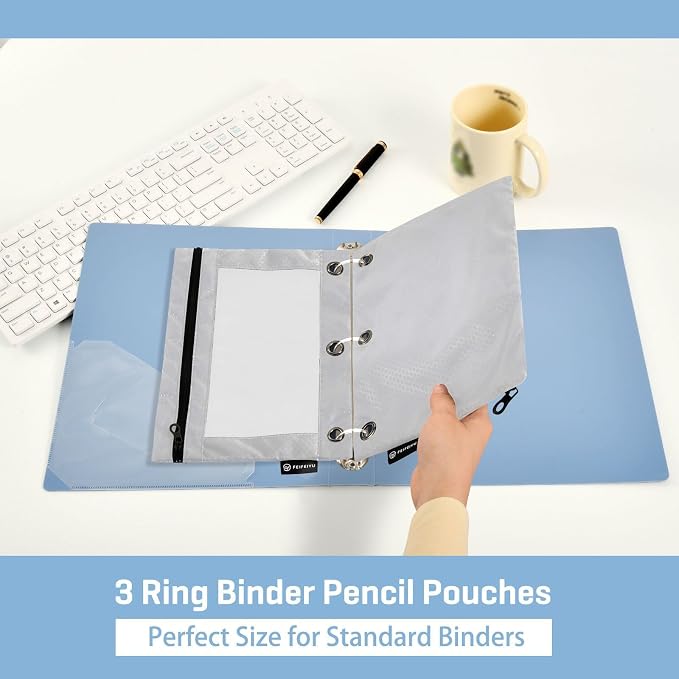 Gredecor Binder Pencil Pouch 3 Ring Grey Zipper Pencil Pouches Case 2 Pack Clear Binder Organizer for School Office