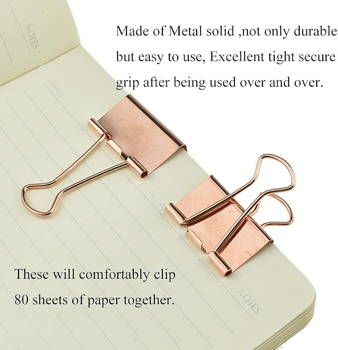 HAHIYO Binder Clips Paper Clamp Spring Steel Sturdy Medium 1.26 inch Width 0.39 Inch Capacity No Sharp Edges Heavy Duty Tight Grip Reusable Rose Gold Metal Bright Finish for Home Office School 13 Pack