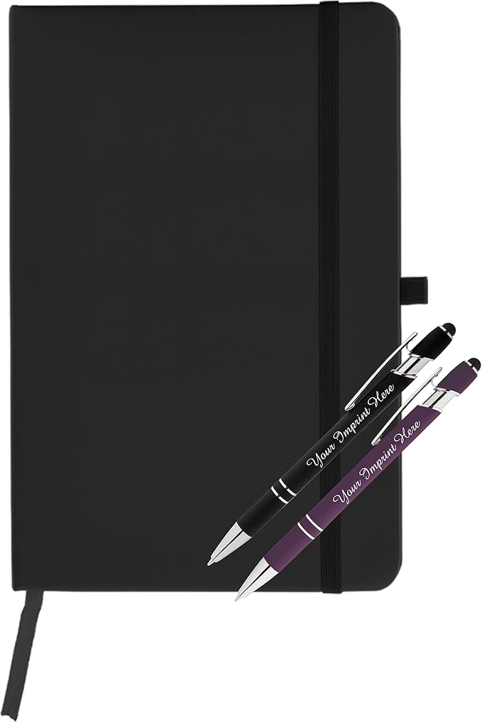 ExpressDesigns™ - Personalized Pens Gift Set w/Journal- 2 Pack of Soft Touch Metal Pens w/Notebook - Custom Engraved with Name or Message (Black - Purple)