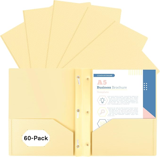 60-Pack Plastic andPockets and Prongs,2-Pocket and3 Fasteners, Pastel Folders Holds 8-1/2" x 11" Paper for School/Office/Home, Yellow