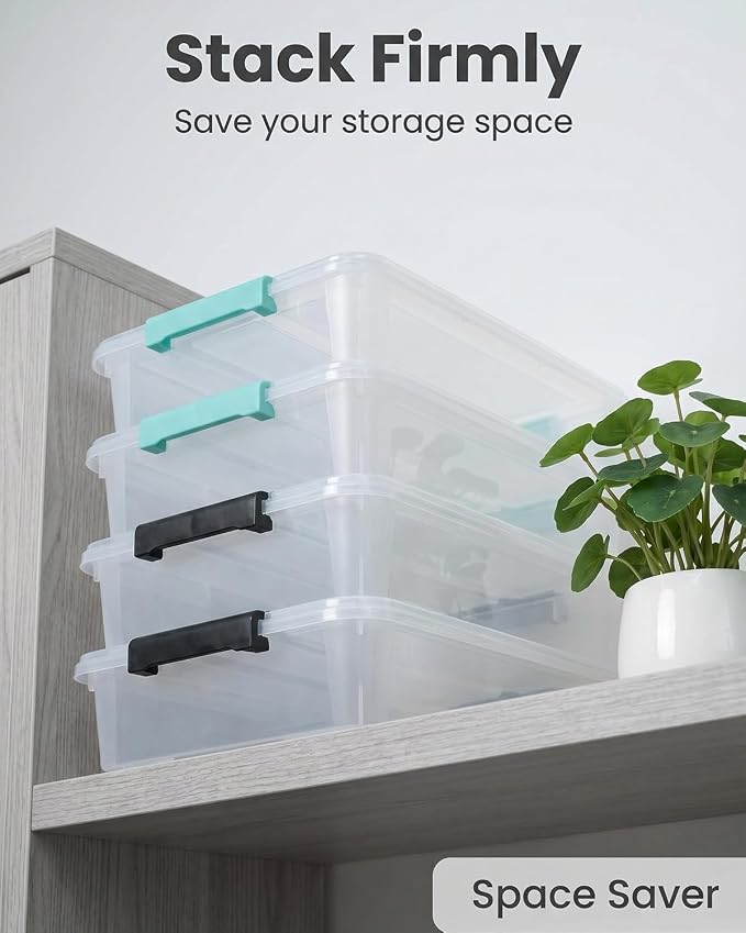 EOENVIVS 4-Pack Transparent Flat Storage Bins with Lids Dual Color Buckle Stackable Storage Boxes, Clear Sensory Organizer Boxes for A4 Files Stationery Office Home Apartment Storage