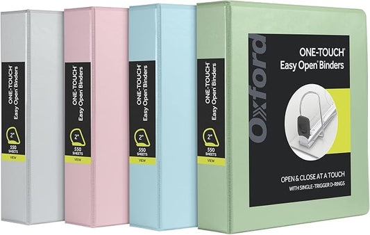 Oxford 3 Ring Binders, 2 inch ONE-Touch Easy Open D Rings, 3-Sided View Binder Covers, Binders for School, Xtralife Hinge, Non-Stick, PVC-Free, Natural Pastel, 530-Sheet Capacity, 4 Pack (79923)