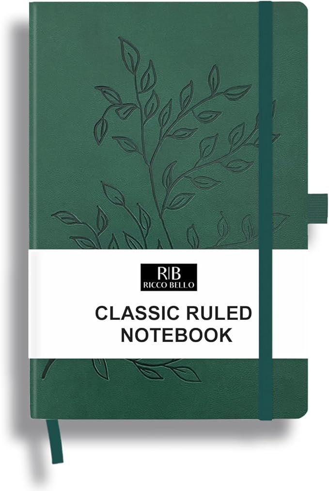 RICCO BELLO Lined Journal Notebook, Green Leaves, 5.7 x 8.4-Inches | Faux Leather Hardcover, College Ruled, 96 Sheets / 192 Pages, Pen Holder, For Work & Notes