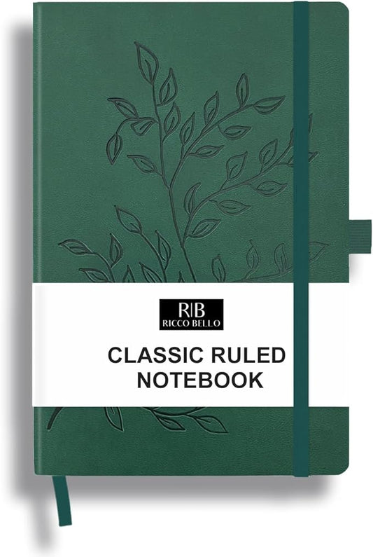 RICCO BELLO Lined Journal Notebook, Green Leaves, 5.7 x 8.4-Inches | Faux Leather Hardcover, College Ruled, 96 Sheets / 192 Pages, Pen Holder, For Work & Notes