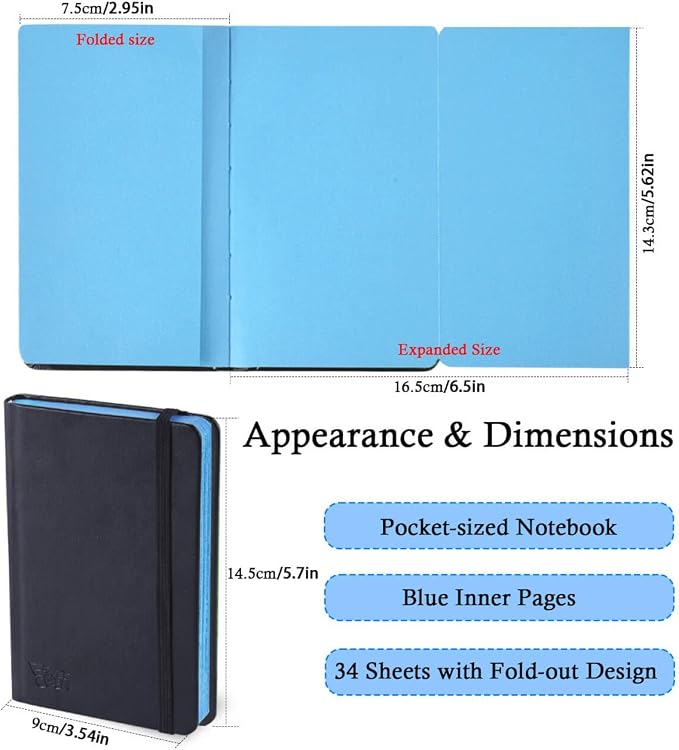 3.54" x 5.7" Blue Paper Sketchbook,34 Sheets Small Mixed Media Notebook,120 GSM Acid-Free Folding Colored Drawing Paper, Hardcover Journal Art Supplies Sketch Pad for Coloring Sketching