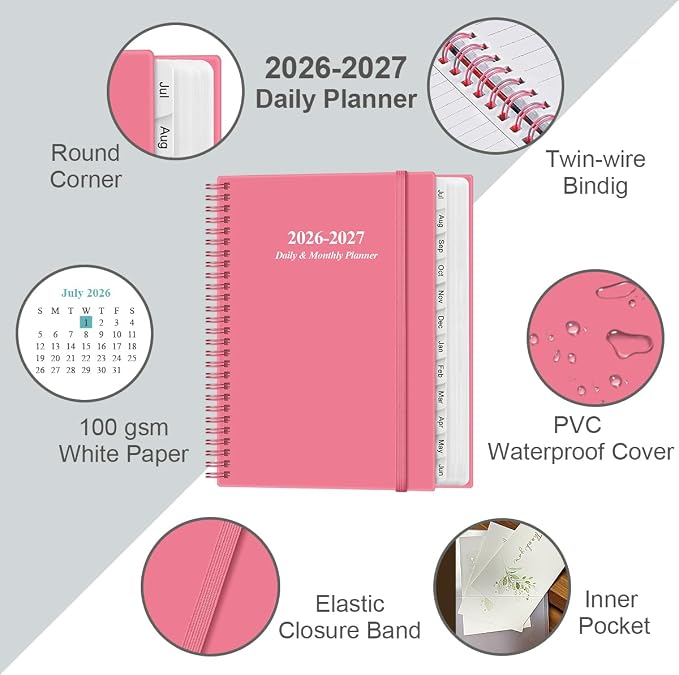 2026-2027 Daily & Monthly Planner - One Page Per Day, Daily Planner from July 2026 - June 2027, Planner 2026-2027 with 12 Monthly Tabs, 8.5" x 11", Pink