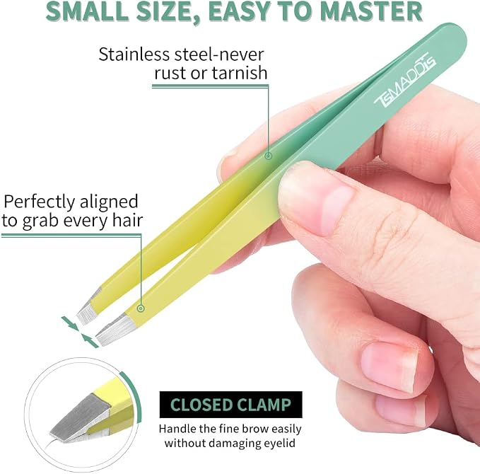 TsMADDTs 7 pcs Tweezers Set for Women Facial Hair, Precision Tweezer for Eyebrows with Curved Scissor and Eyebrow Razor for Ingrown Hair, Yellow&Green