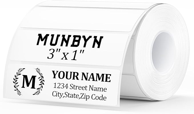 MUNBYN 3x1 Thermal Labels, 1000 Sheets/1 Roll, White | Strong Adhesive & Perforated, Non BPA&BPS for Organization, Barcode, Shipping, Inventory