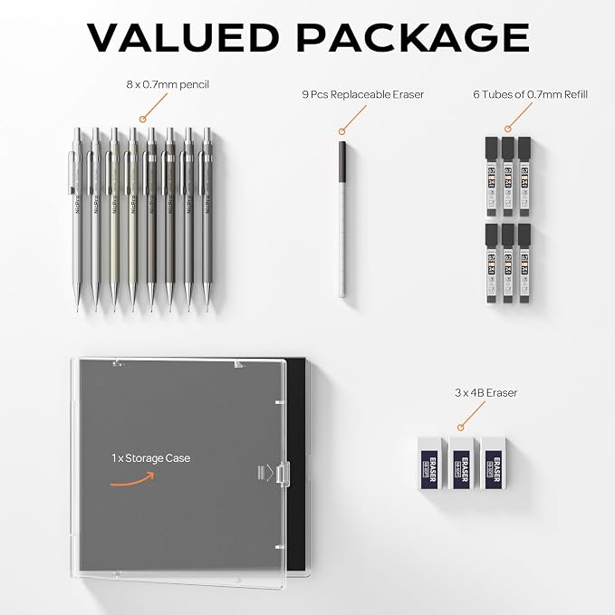 Nicpro 8 Pack Mechanical Pencil 0.7mm, MB1000 Metal Mechanical Pencil Set | 6 Tube HB #2 Lead Refill 0.7 mm, 3PCS 4B Eraser, 9 Cap Eraser with Case for Artist Drafting Writing, Sketching, Drawing