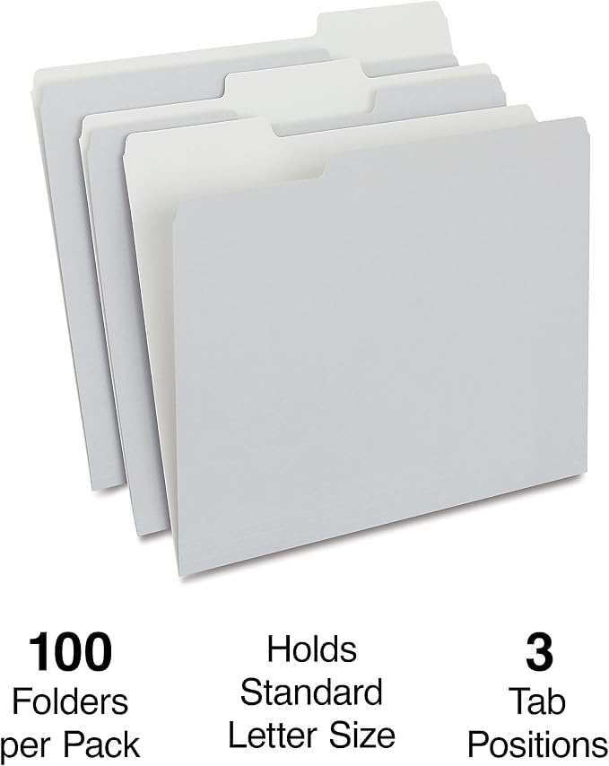 Staples File Folder, Letter Size, 1/3‑Cut Tab, Gray, Durable Paper Stock, 200/Carton