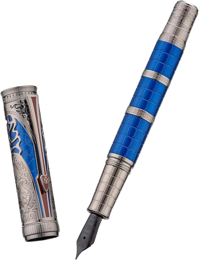 Hongdian D5X Fountain Pen Blue Color Extra Fine Nib, Qin Dynasty Retro Chinese Totem Engraving Smooth Writing Pen with Converter and Pen Box Set