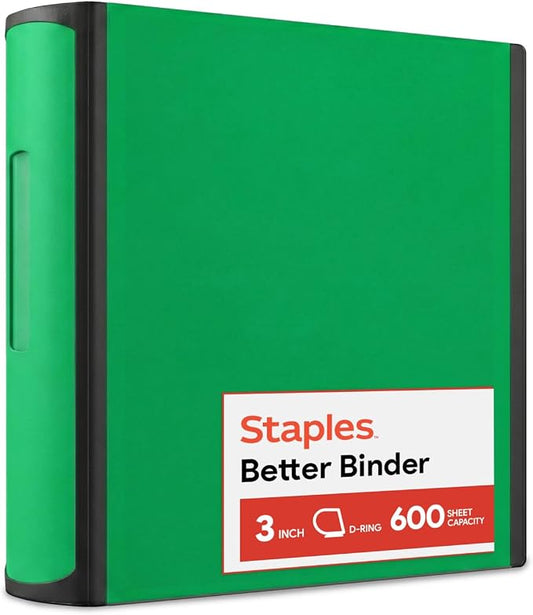 Staples Heavy-Duty 3-Inch D-Ring Binder, Green – Large Capacity 3-Ring Binder with Pockets, Holds Up to 600 Sheets