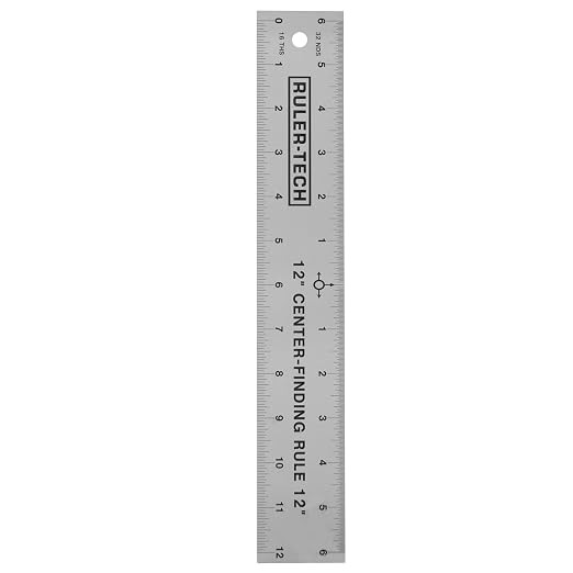 Peachtree Stainless Steel Metal Ruler 12”, Center Finding Measuring Tool with Dual Scale, Precision Metal Measuring Ruler for Woodworking, Layout & Construction