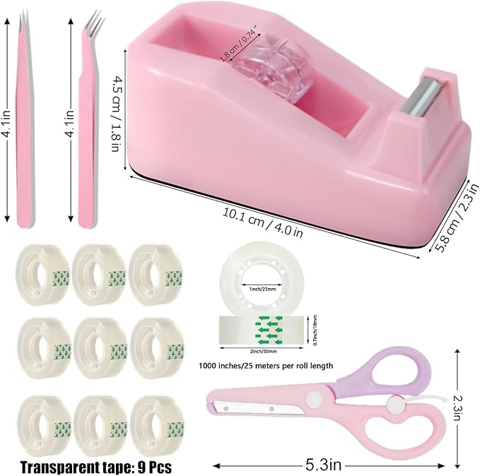 XEUZK Desktop Tape Dispenser Kits with Weighted Nonskid Base Tape Dispenser- Includes 9 Rolls of Transparent Tape(0.71 Inch x 500 inches Each) & Pink Scissors, 2 Pcs Tweezers (Pink)