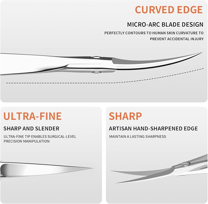 ZIZZON Cuticle Scissors Extra Fine Curved Professional Precise Pointed Tip Grooming kit for Eyebrow, Eyelash, Trim Nail and Dry Skin