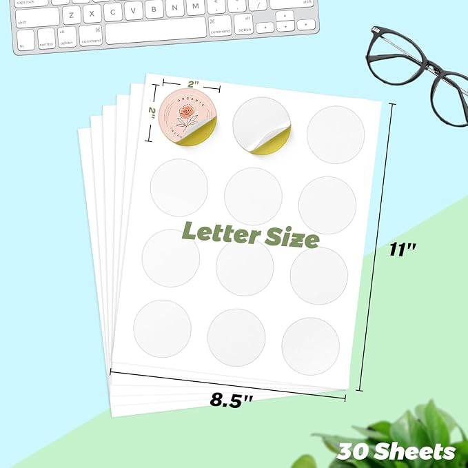 HABGP 2" Round Sticker Labels, Matte Circle Stickers for Inkjet Printer, Printable Blank White Strong Adhesive Labels for Logo, Business, 30 Sheets, 360 Labels
