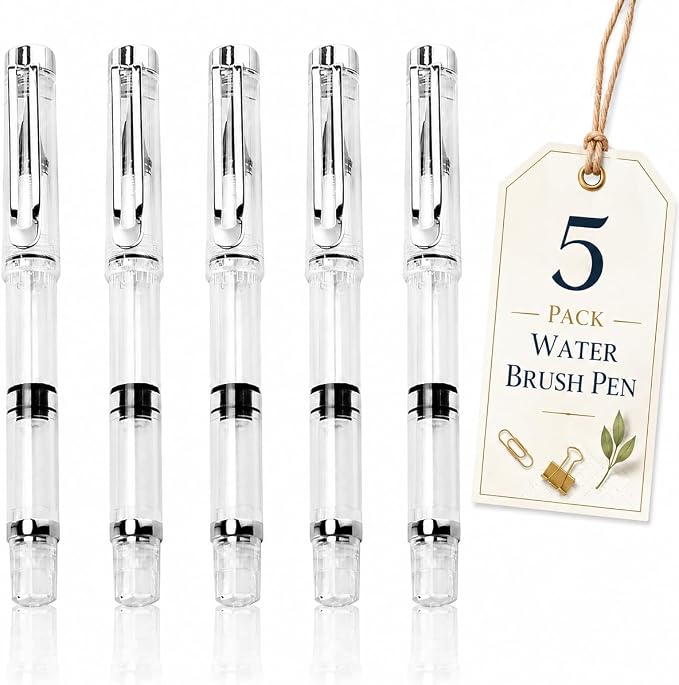 NUOBESTY 5Pcs Water Brush Pen Set – Refillable Fountain Brush Pens for Watercolor, Calligraphy, Painting, Drawing, Scrapbooking & Sketching | Watercolor Brushes for Watercolor, Calligraphy, Painting, Drawing, Scrapbooking & Sketching